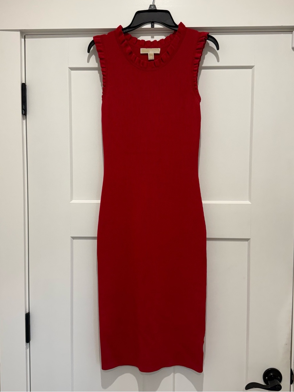 Michael Kors Red Ribbed Knit Bodycon Midi Dress, Sleeveless Stretch, S